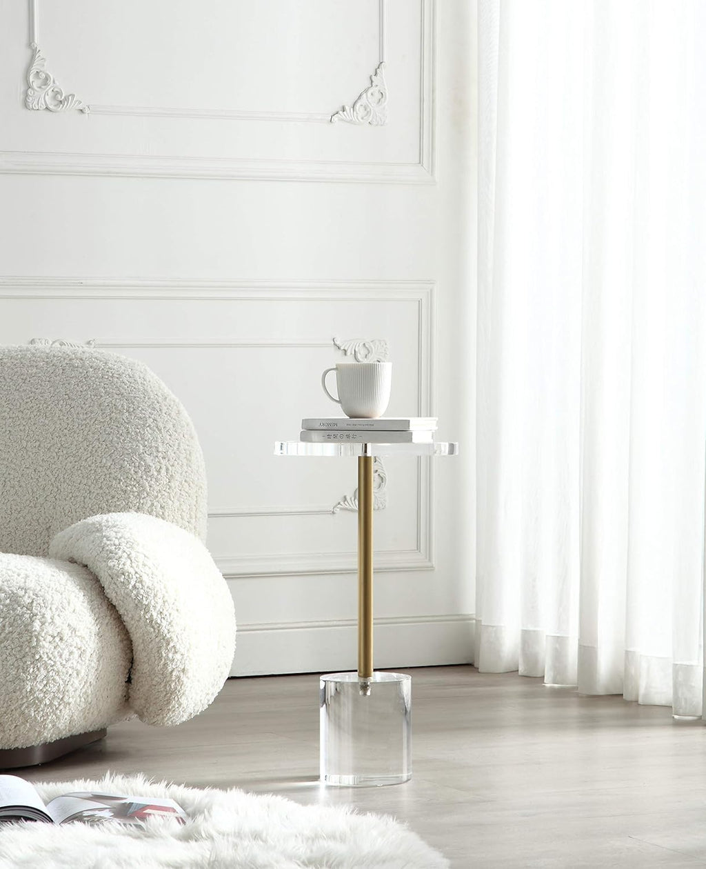 Clear Acrylic Round End Table with Brushed Brass Metal O60678