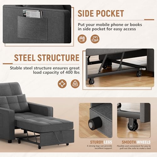 Dark Grey Linen Convertible Sofa Bed F643164