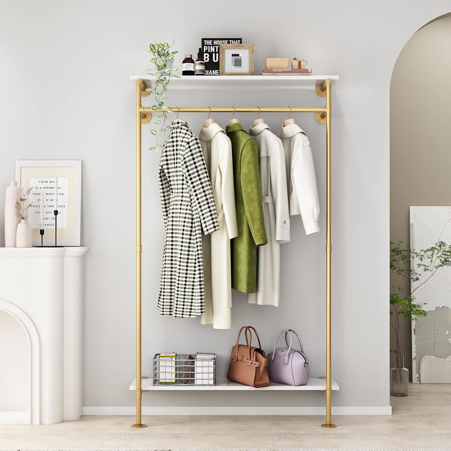 Industrial Pipe Clothing Rack with 2-tier Wooden Shelves Gold W548