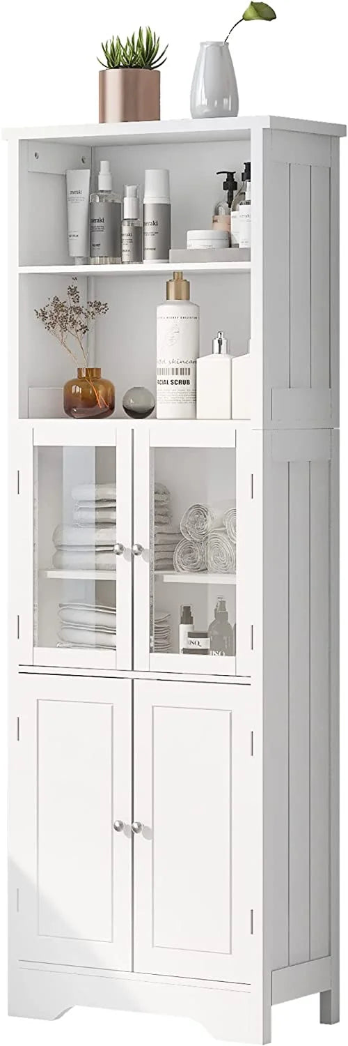 White Storage Cabinet with Glass Doors and Adjustable Shelves Q75575