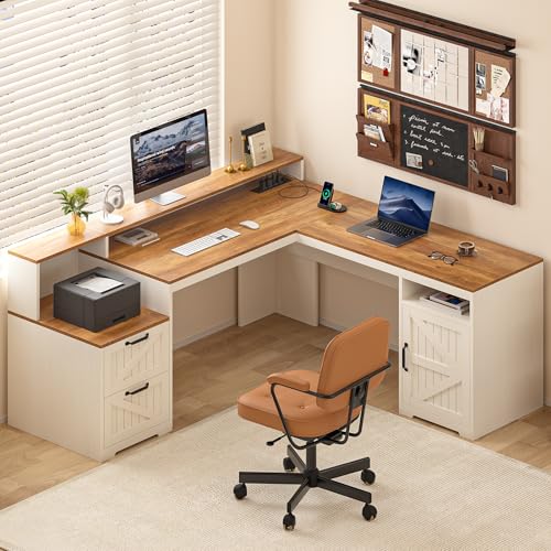63" L Shaped Executive Desk with Drawers & Storage Shelf, Antique White M148071