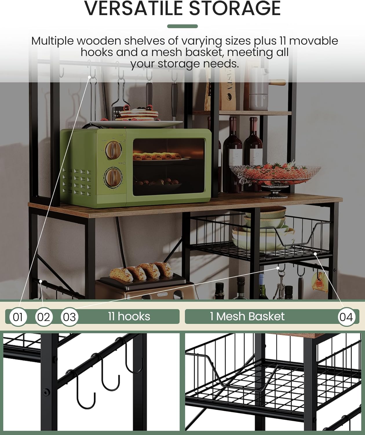 Rustic Brown and Black Floor Standing Bakers Rack with Power Outlet K65910