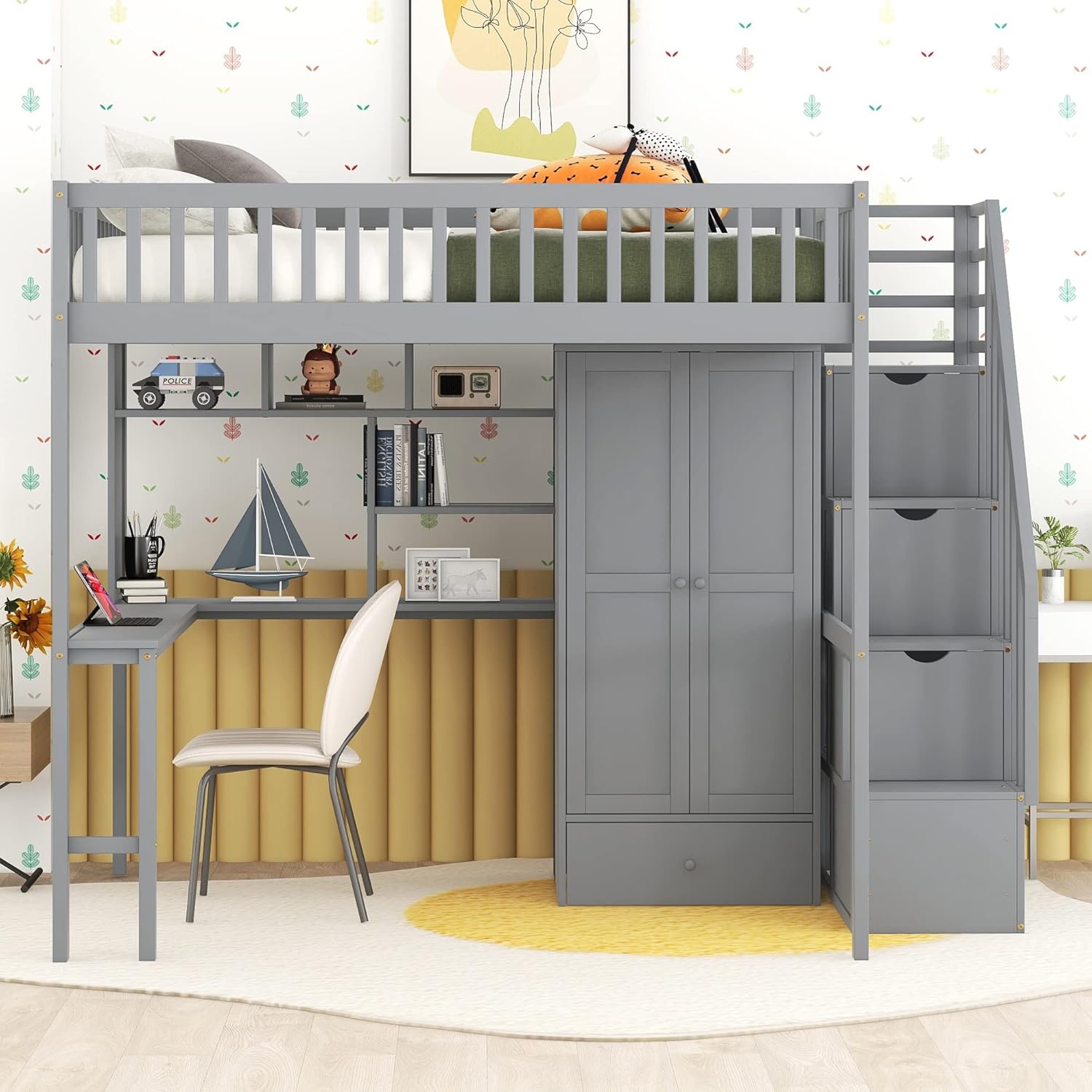 Gray Solid Wood Loft Bed with Stairs Desk Bookshelf Storage Drawers Wardrobe O72796