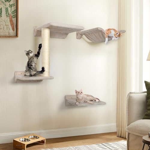5 Pcs Wall-Mounted Cat Shelves with Sisal Scratcher Post H9401