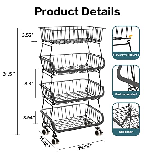 Black Metal Wire 4 Tier Stackable Fruit Vegetable Storage Cart with Wheels N364