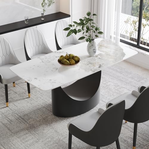63" White Marble Sintered Stone Top Rectangle Dining Table with Black Carbon Steel Pedestal C776