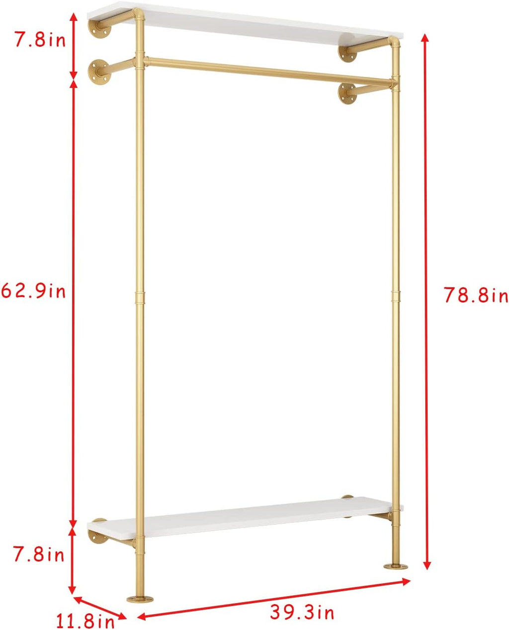 Industrial Pipe Clothing Rack with 2-tier Wooden Shelves Gold W548