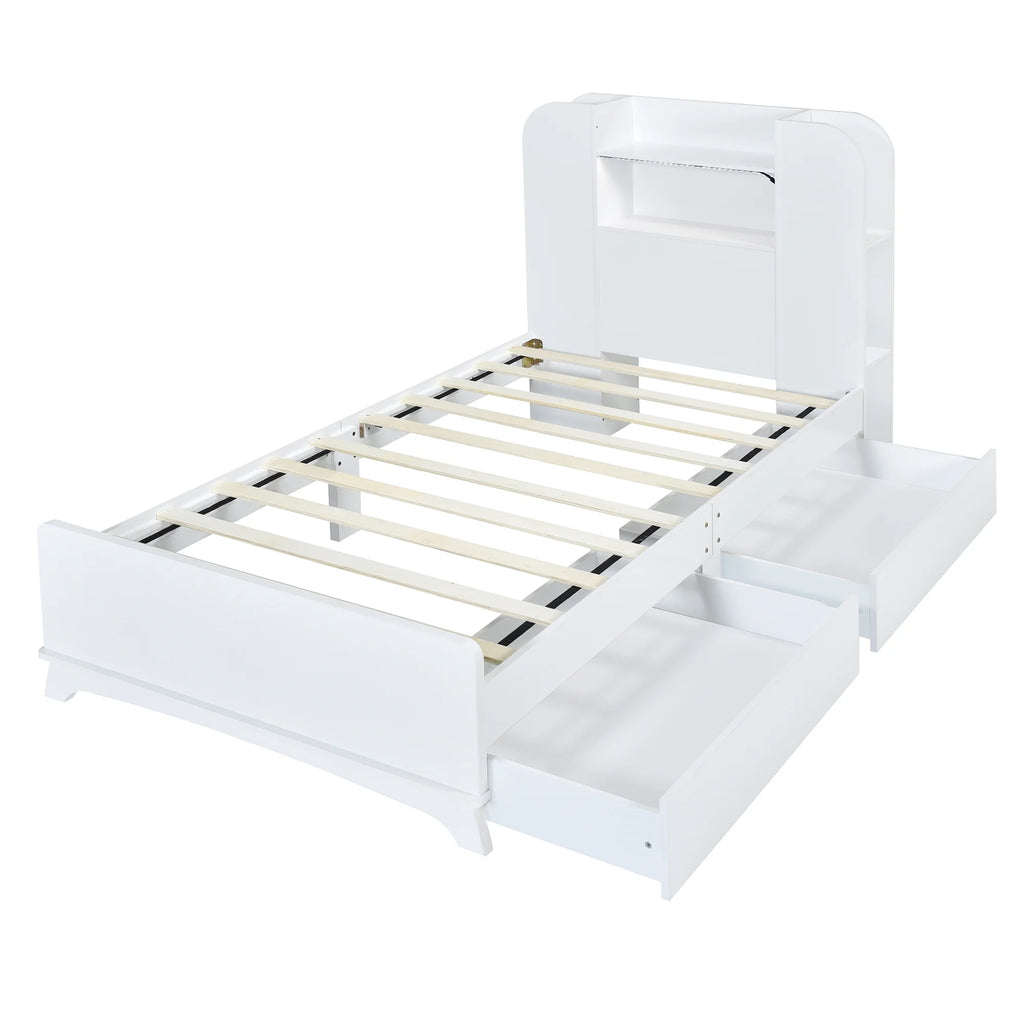 White Wood Twin Size Platform Bed with Storage Headboard and 2 Drawers B9876