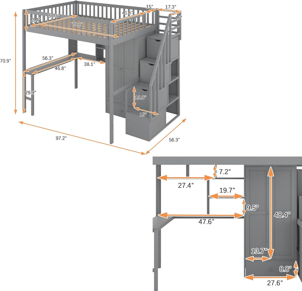 Gray Solid Wood Loft Bed with Stairs Desk Bookshelf Storage Drawers Wardrobe O72796