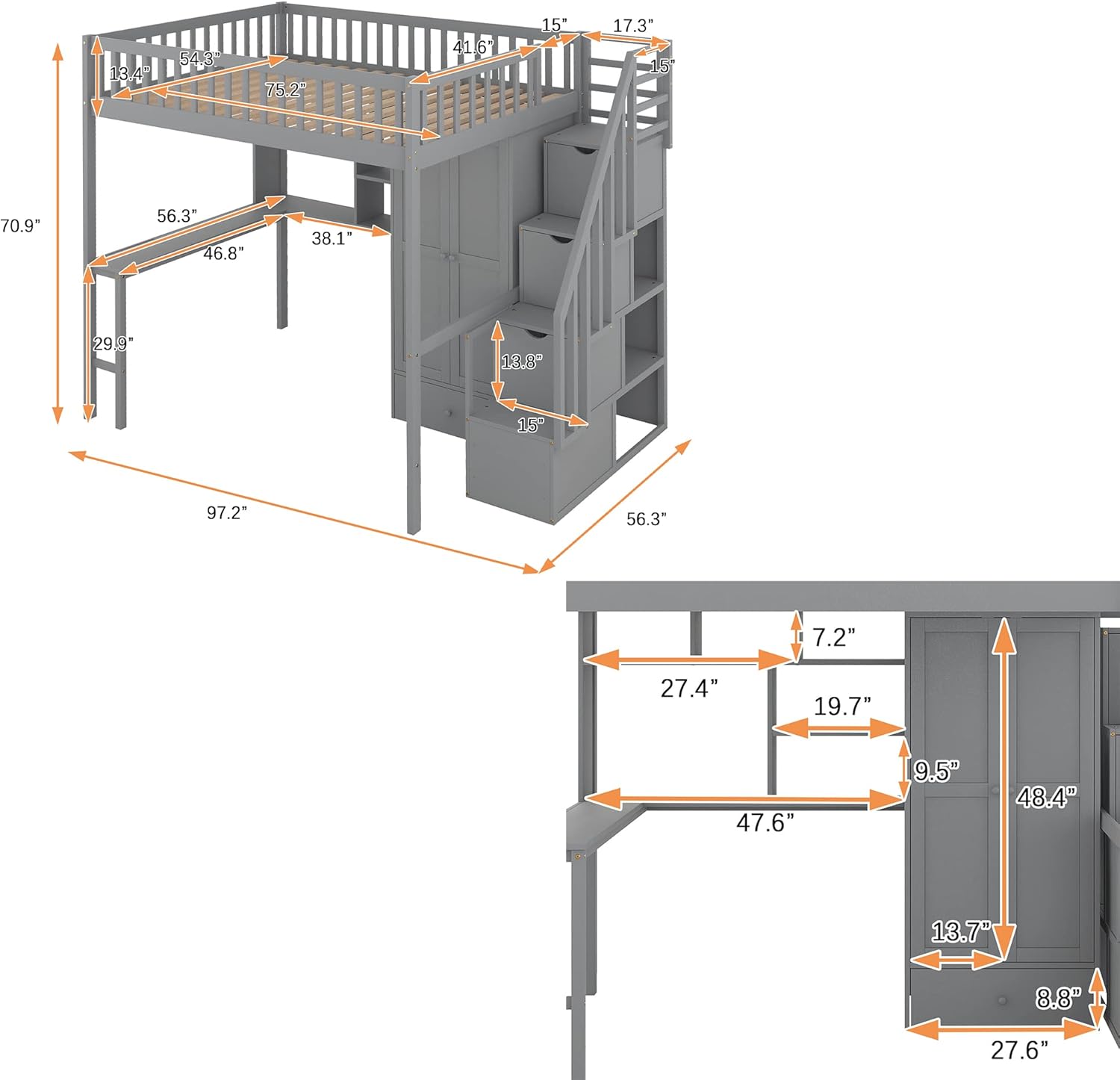 Gray Solid Wood Loft Bed with Stairs Desk Bookshelf Storage Drawers Wardrobe O72796