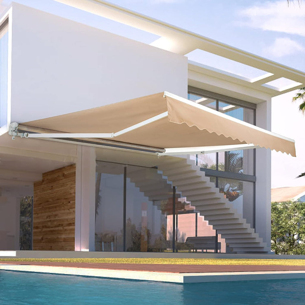 Beige Retractable Patio Awning with Manual Crank Handle O71820