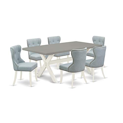 9 Piece Rectangle Dining Table Set with 8 Baby Blue Linen Fabric Chairs O510150