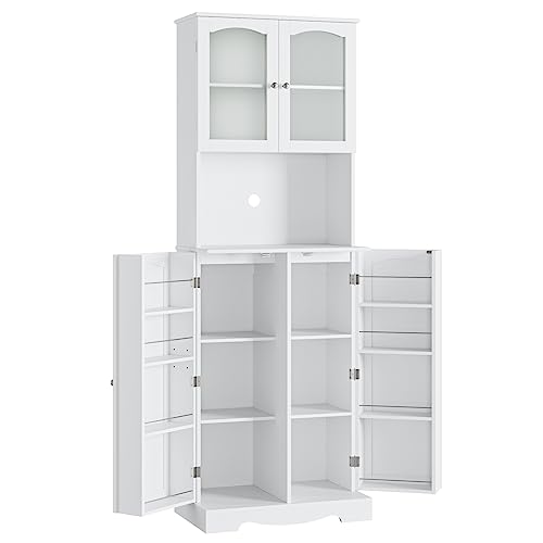 White Tall Storage Cabinet with Microwave Stand and Adjustable Shelves Q553