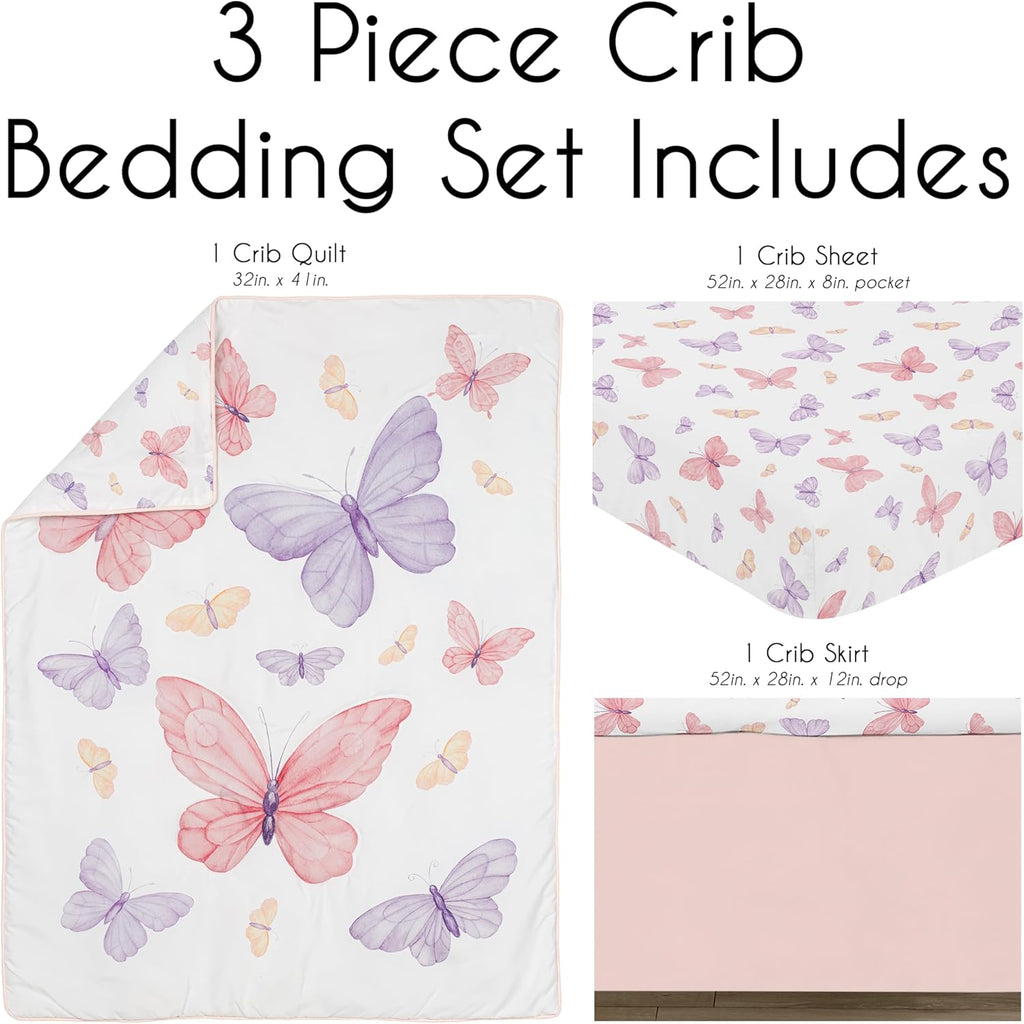 Pink and Purple Shabby Chic Butterfly Girl Baby Crib Bedding Set 3p F3004