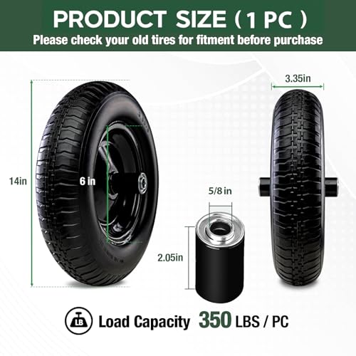 14 Inch 2 PCS Solid Flat Free Replacement Tires and Wheels 3.50-8 with 5/8'' Bearing D2407