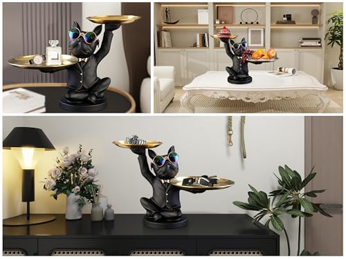 Resin French Bulldog Sculpture with 2 Metal Trays Q5747