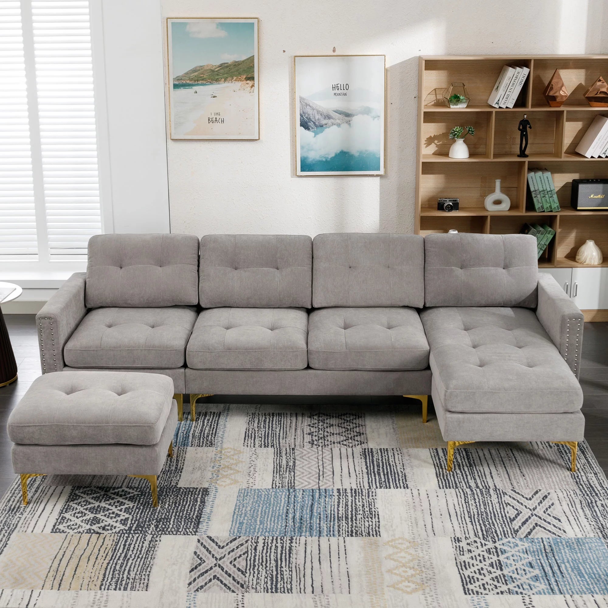 Gray 5 Seater U-Shaped Sectional Sofa with Ottoman, 110"x54" Q2776