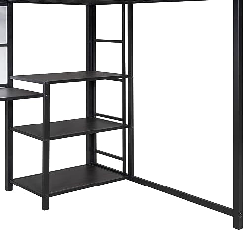 Black Full Size Metal Loft Bed Frame with Desk and Whiteboard W649536