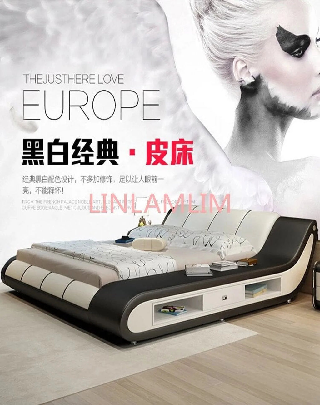 Genuine Leather Bed Frame with Storage I8255