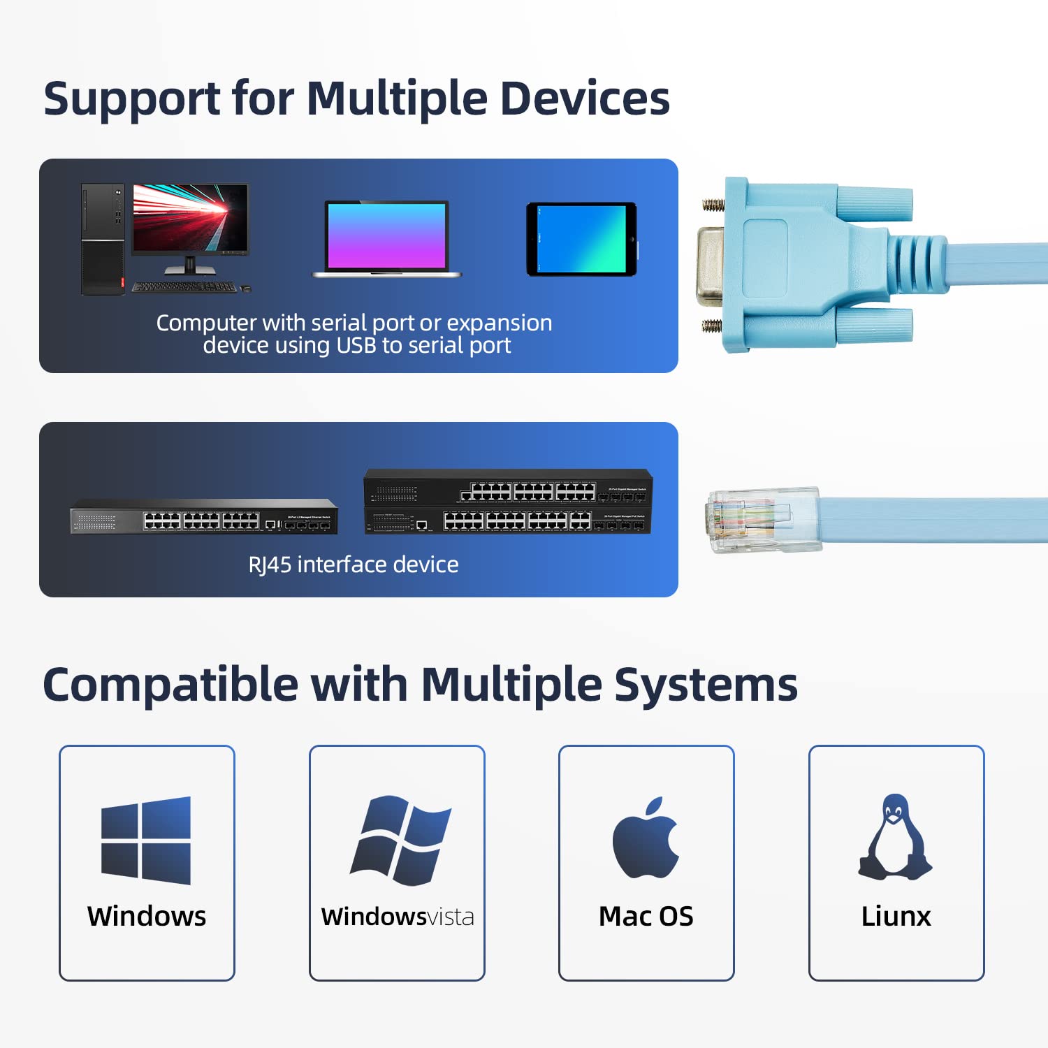 RJ45 to DB9 Console Cable, 1.8m/6ft RS232 Serial Port Adapter Y738