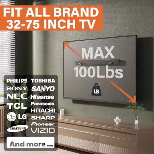 Universal Studless TV Wall Mount for 32-75Inch TVs, Low Profile, 100lbs, Vesa 200x100 to 600x400mm O264