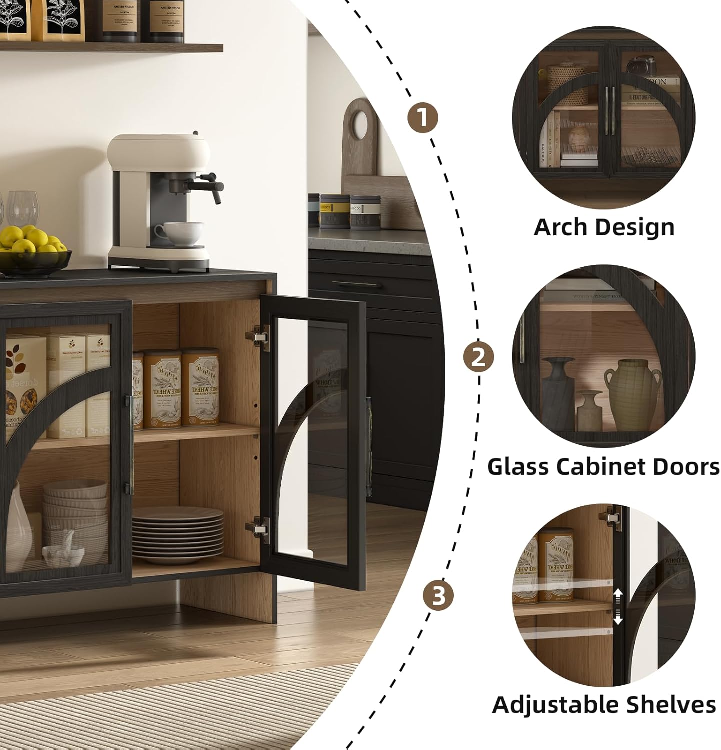 Black Arched Accent Cabinet with Glass Door and Adjustable Shelf K17041