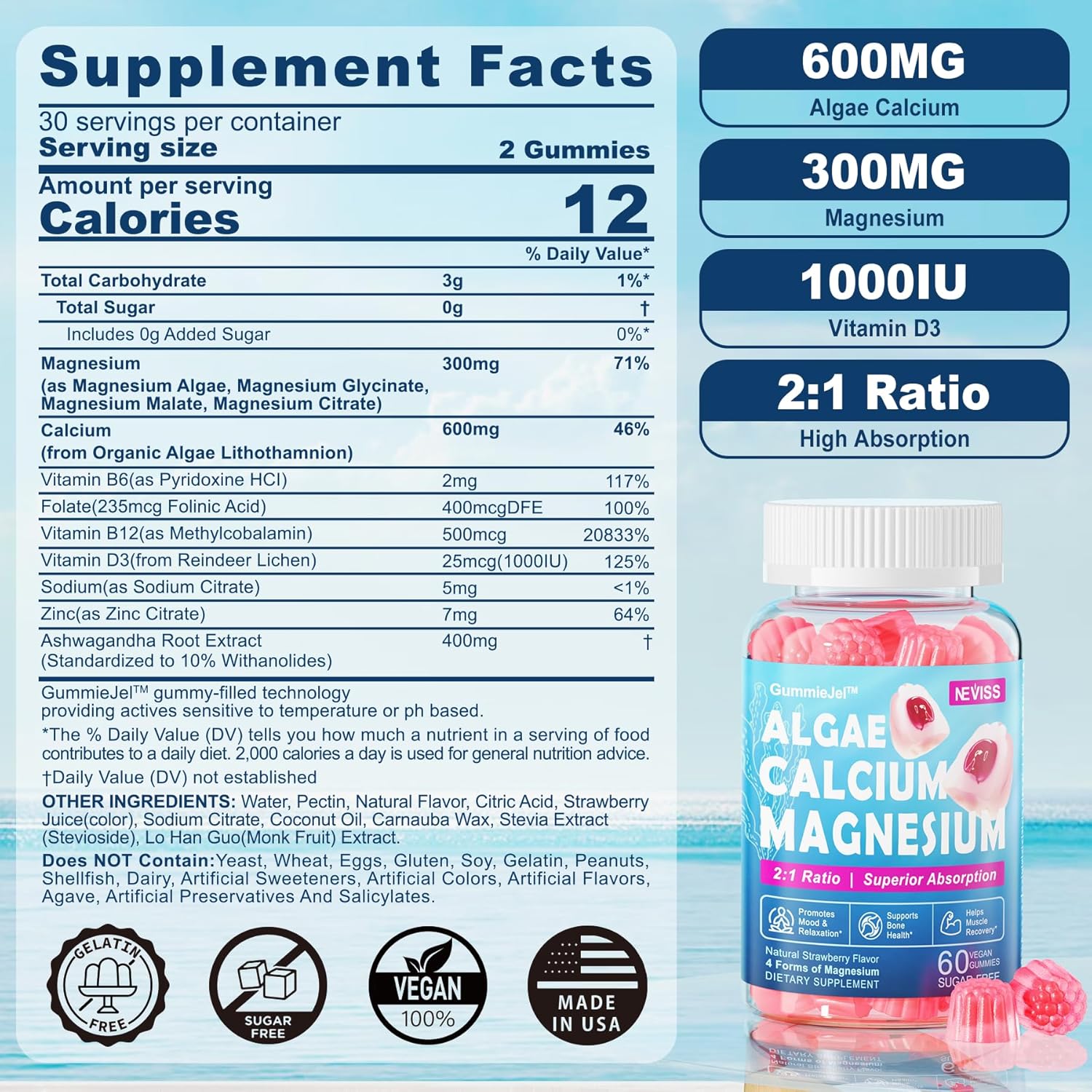 Calcium Supplement Gummy with Algae Calcium 600mg, Magnesium 300mg, Zinc, D3 & B12 Complex, 1Pack F11050
