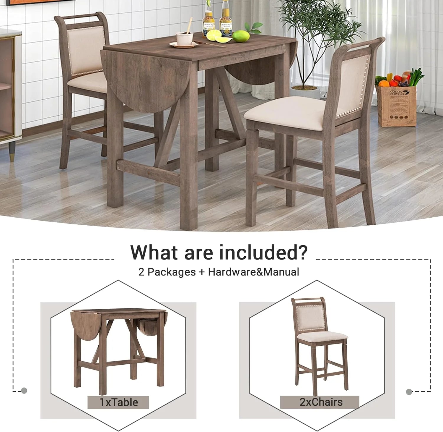 3 Piece Counter Height Drop Leaf Dining Table with 2 Padded Chairs, Brown F101