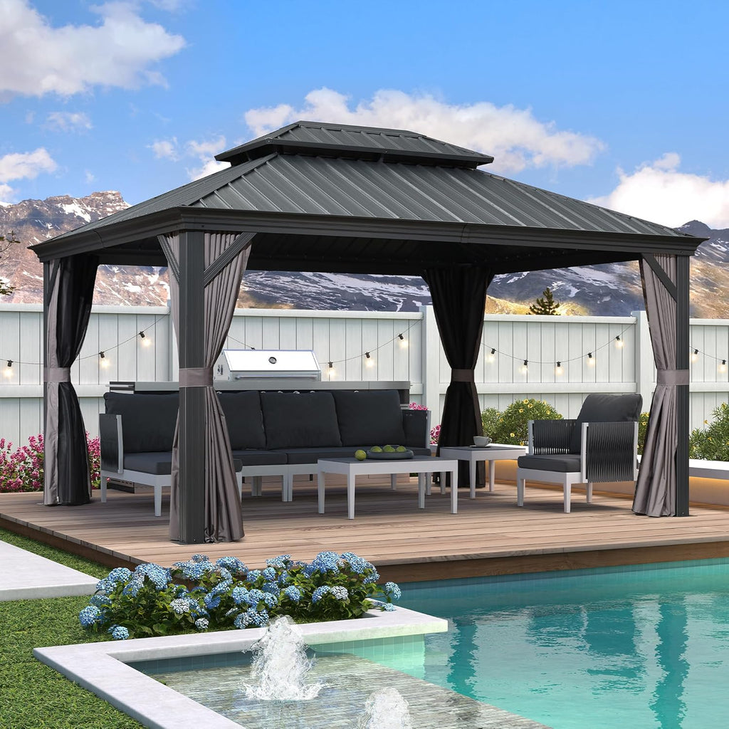 Grey 11' x 14' Hardtop Gazebo with Galvanized Steel Double Roof V105367
