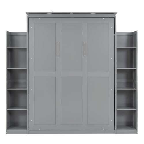 Queen Size Wood Murphy Bed with Shelves and LED Lights, Grey L70062