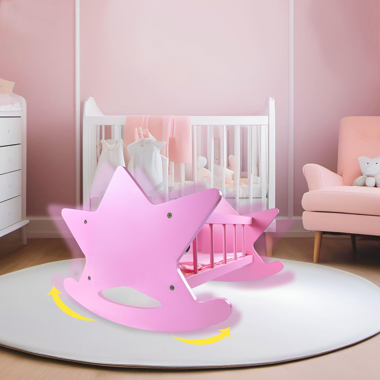 Pink Wooden Baby Doll Crib with Bedding K762014