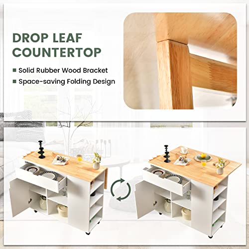 Black Rolling Kitchen Island with Drop Leaf and Storage S150