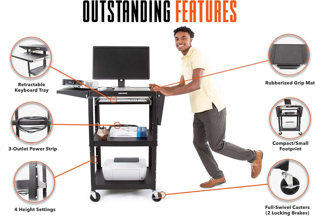 Black Height Adjustable Utility Cart with Drop Leaf Shelves and Pullout Laptop Tray Q6445