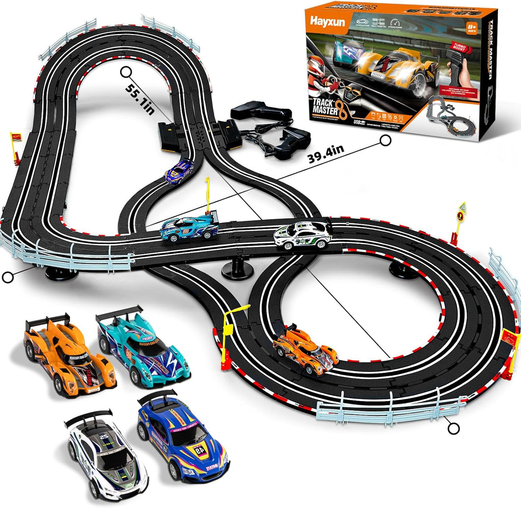 4 High-Speed Slot Cars Race Track Set with 2 Hand Controllers L382