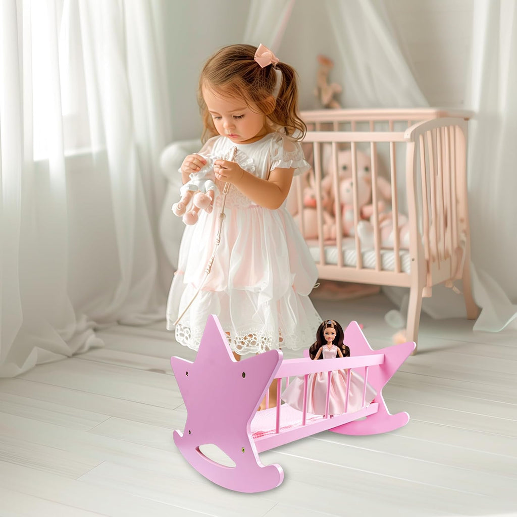 Pink Wooden Baby Doll Crib with Bedding K762014