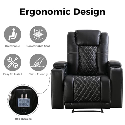 Black Leather Electric Recliner Chair with USB Ports Cup Holders L876091