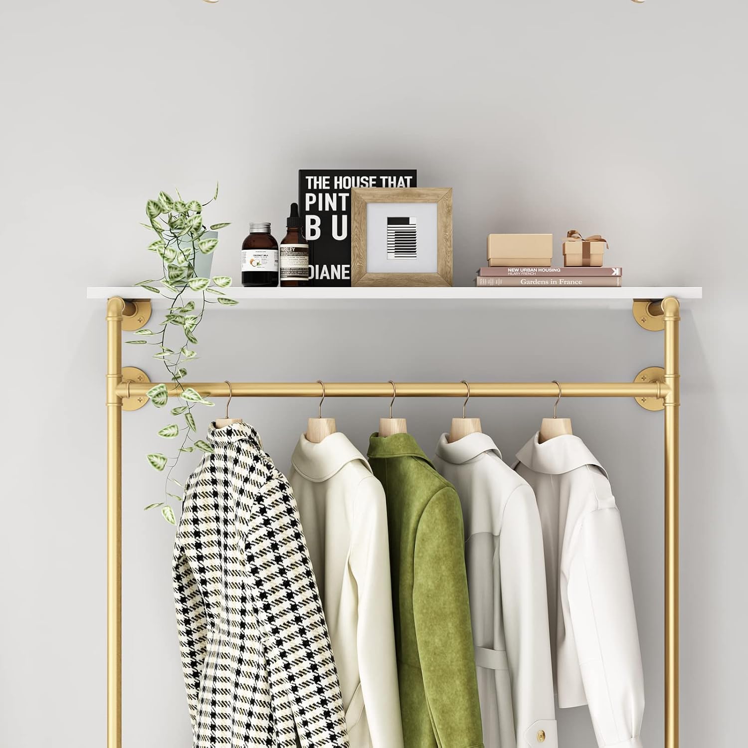Industrial Pipe Clothing Rack with 2-tier Wooden Shelves Gold W548