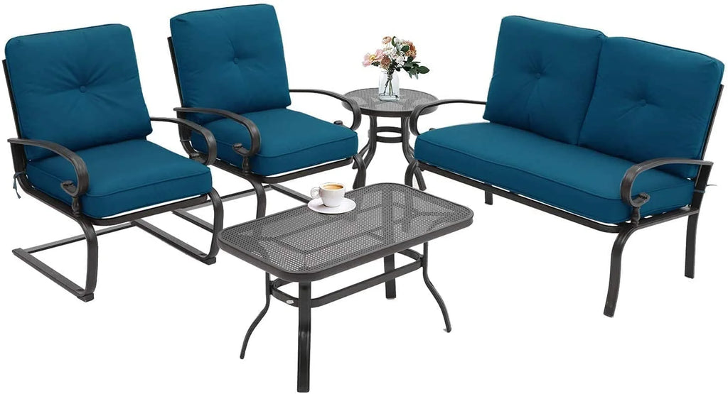 5-Piece Peacock Blue Outdoor Patio Metal Conversation Set with Tables X428