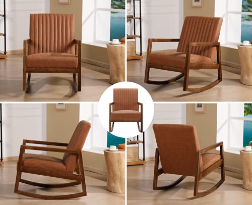 Leather Rocking Chair with Padded Seat Wood Frame Dark Brown PU T615