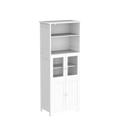 White Tall Bathroom Storage Cabinet with 2 Open Compartments and 2 Cabinets with Doors A5573