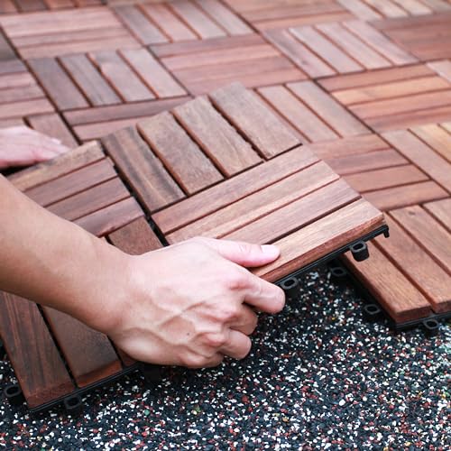 10 Pcs Interlocking Acacia Wood Patio Tiles, 12"x12", Teak D880273