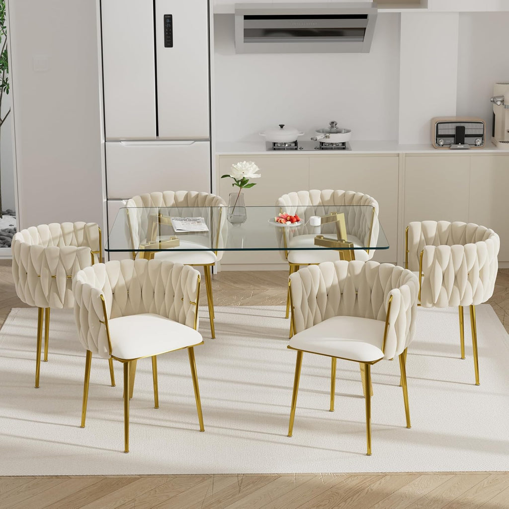 7 PCS Clear Glass Dining Table Set with Beige Woven Chairs R783