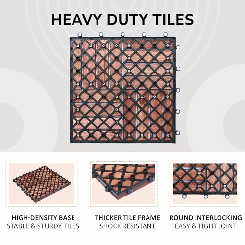 10 Pcs Interlocking Acacia Wood Patio Tiles, 12"x12", Teak D880273