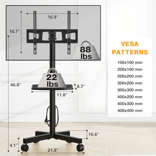 Mobile TV Stand with Power Outlet, Tilt Rolling TV Cart for 23-60 Inch TVs up to 88 lbs, Height Adjustment, Max VESA 400x400mm J18413