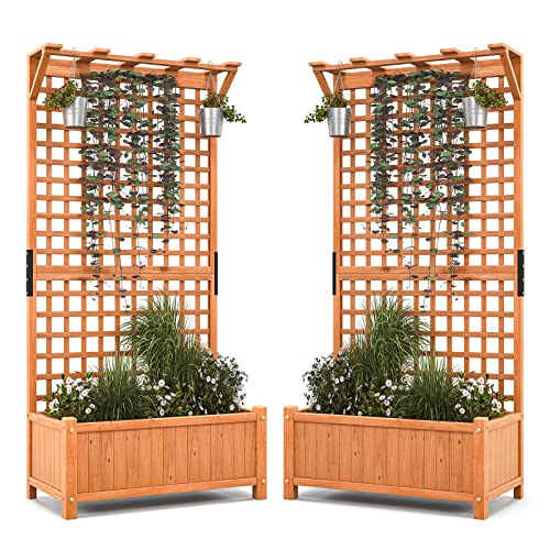2 Pcs Raised Garden Bed with Trellis & Roof, 72.5" Wooden Planter Box J999