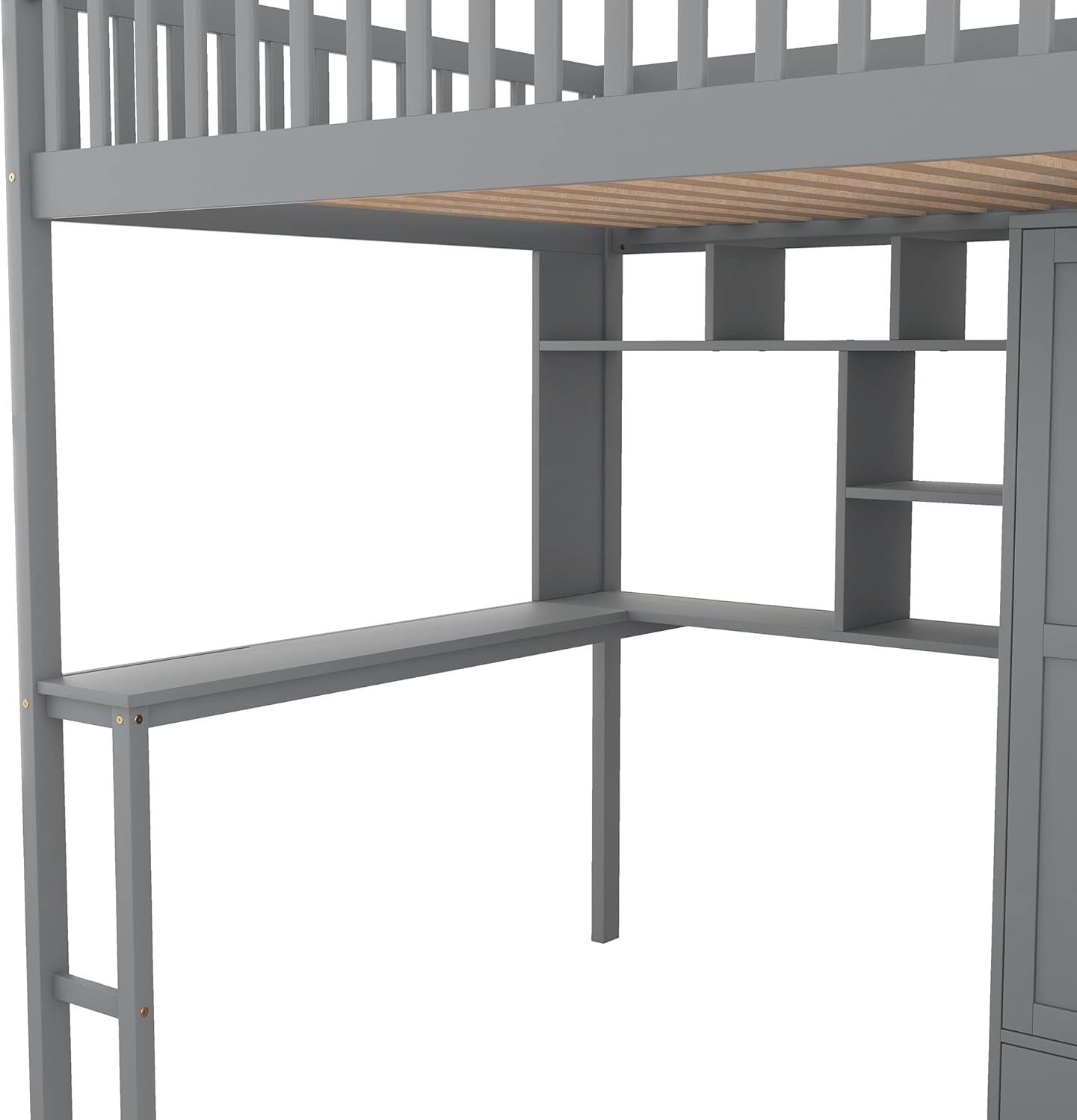 Gray Solid Wood Loft Bed with Stairs Desk Bookshelf Storage Drawers Wardrobe O72796