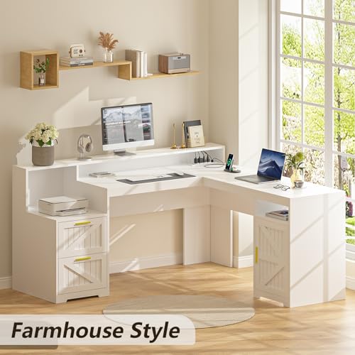 63" L Shaped Executive Desk with Drawers & Storage Shelf, Antique White M148071