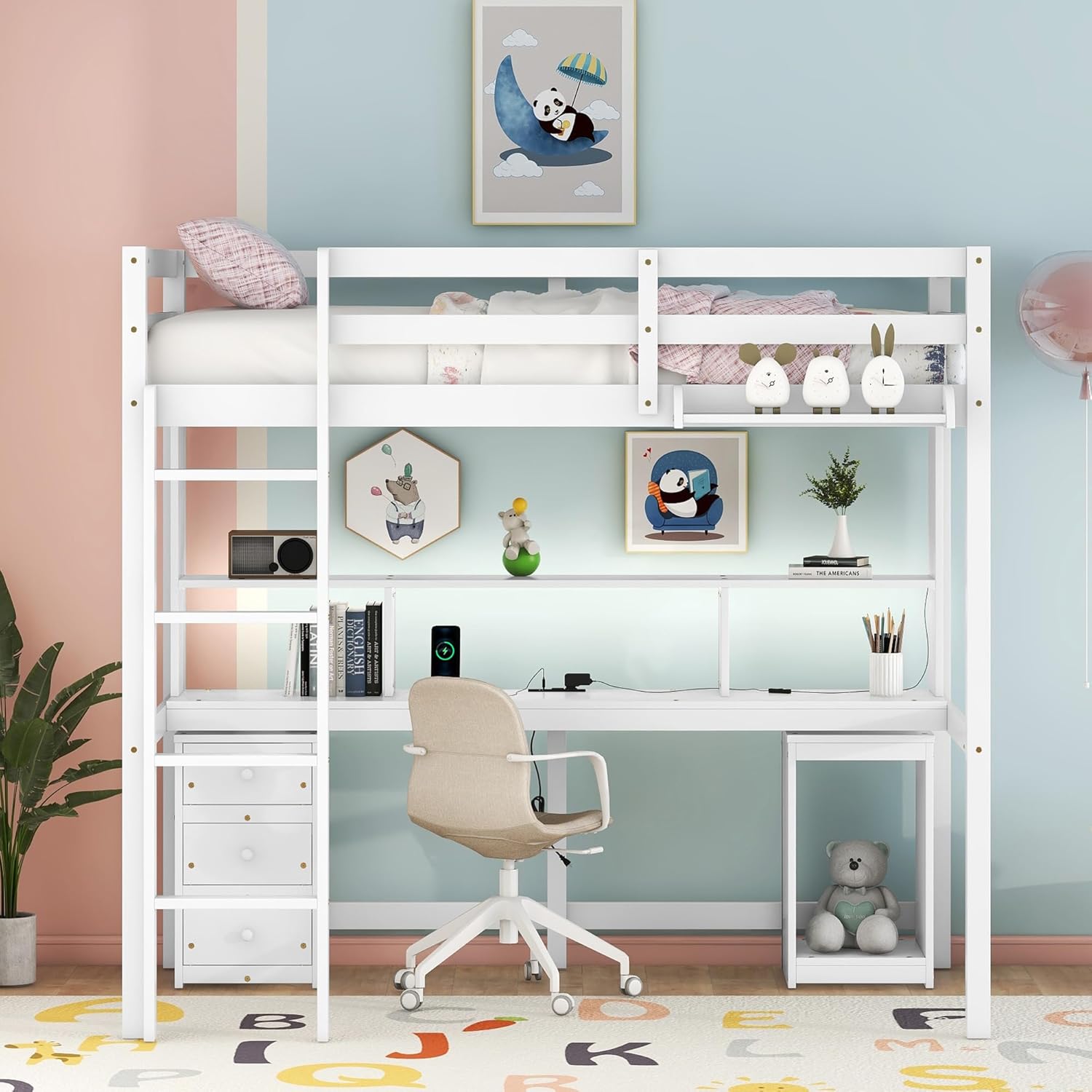 White Full Size Loft Bed with Multi-Storage Desk, LED Light, Bedside Tray, Charging Station, and 3 Drawers X664540