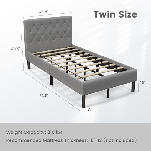 Grey Twin Upholstered Platform Bed with Button Tufted Headboard V38859