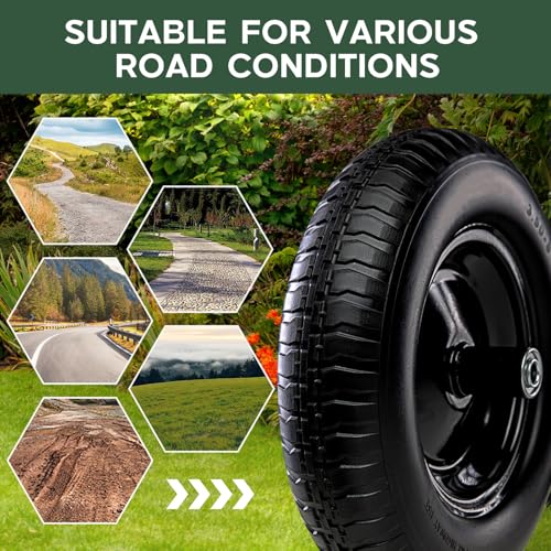 14 Inch 2 PCS Solid Flat Free Replacement Tires and Wheels 3.50-8 with 5/8'' Bearing D2407